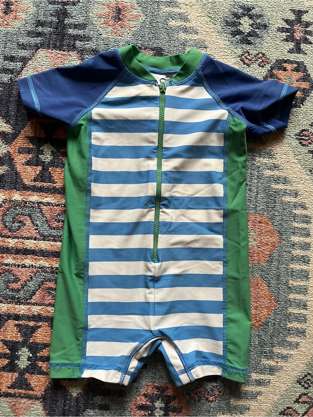 Hanna Andersson Blue & Green Stripe Zip Front Swim Suit